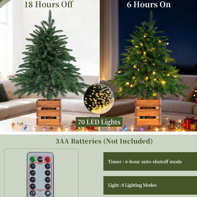 Norfolk Pine Christmas Tree: 2.6Ft Mini Tabletop Tree with Remote-Controlled Lights, 70 LEDs, Timer, 8 Lighting Modes, and Wooden Pot - Ideal for Home Decor