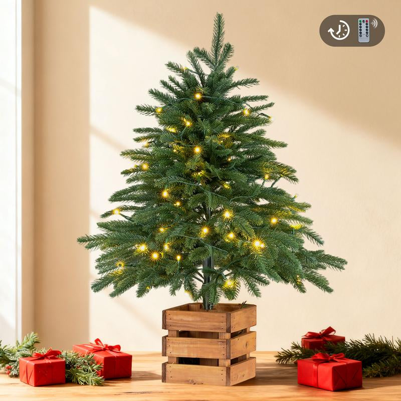 Norfolk Pine Christmas Tree: 2.6Ft Mini Tabletop Tree with Remote-Controlled Lights, 70 LEDs, Timer, 8 Lighting Modes, and Wooden Pot - Ideal for Home Decor