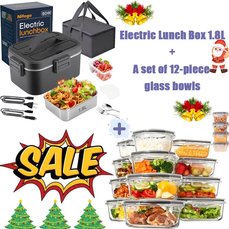 Multi-Voltage Electric Lunch Box - 1.8L 304 Stainless Steel, Leakproof, Portable Food Warmer for Car, Office, and Home with Fork, Spoon, and Storage Bag
