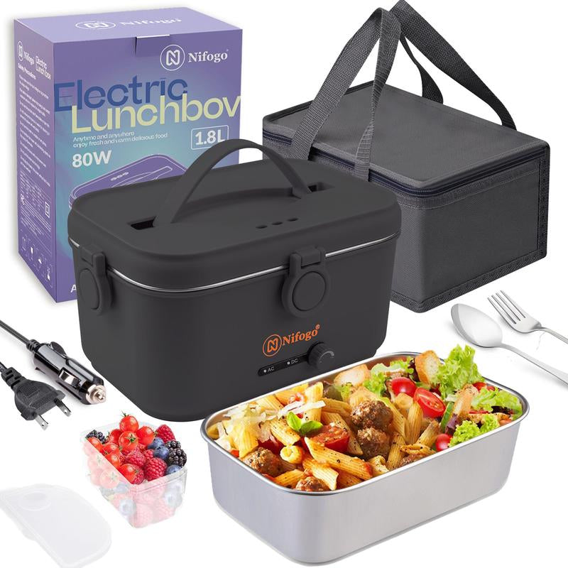 Multi-Voltage Electric Lunch Box - 1.8L 304 Stainless Steel, Leakproof, Portable Food Warmer for Car, Office, and Home with Fork, Spoon, and Storage Bag