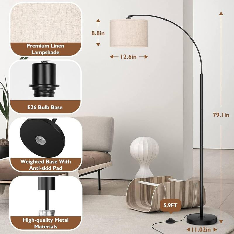 79'' Arc Floor Lamps for Living Room, Modern Standing Lamp with Adjustable Hanging Drum Shade, Black Tall Pole Lamp with Weighted Base & Edison E26 Socket, Corner Light for Reading Bedroom Office