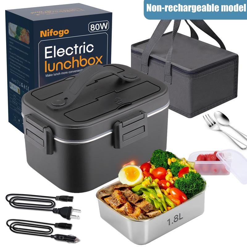 Multi-Voltage Electric Lunch Box - 1.8L 304 Stainless Steel, Leakproof, Portable Food Warmer for Car, Office, and Home with Fork, Spoon, and Storage Bag