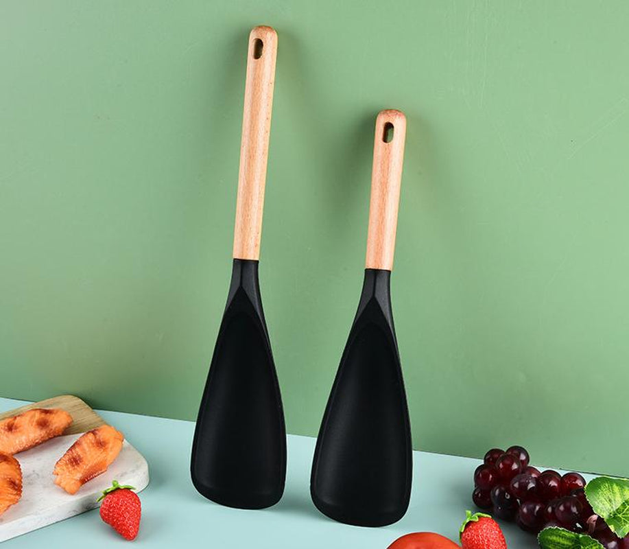 2 Pcs Silicone Cooking Spoon for Nonstick Cookware – Heat-Resistant Kitchen Spatula with Wooden Handle for Baking and Stirring