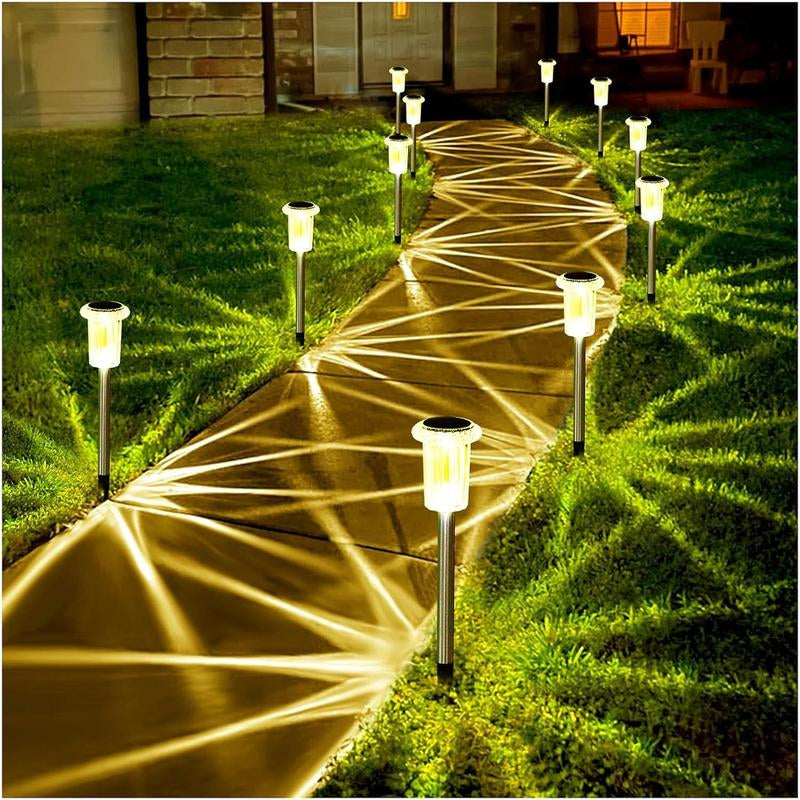 Solar Outdoor Lights 10 Pack Pathway Solar Lights LED Stainless Steel Garden Stake for Pathway, Walkway, Sidewalk, Driveway, Lawn (Warm White)
