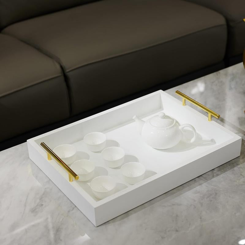16" x 12" White Decorative Serving Trays with Handles for Living Room, Bathroom, and Outdoor Use