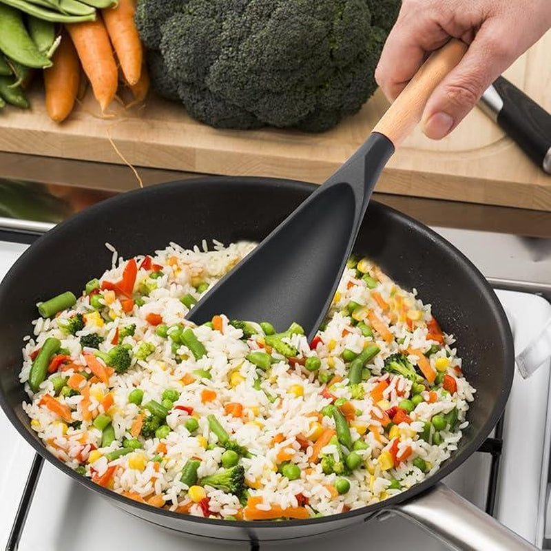 2 Pcs Silicone Cooking Spoon for Nonstick Cookware – Heat-Resistant Kitchen Spatula with Wooden Handle for Baking and Stirring