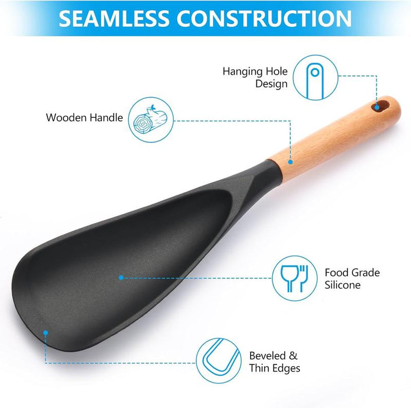2 Pcs Silicone Cooking Spoon for Nonstick Cookware – Heat-Resistant Kitchen Spatula with Wooden Handle for Baking and Stirring