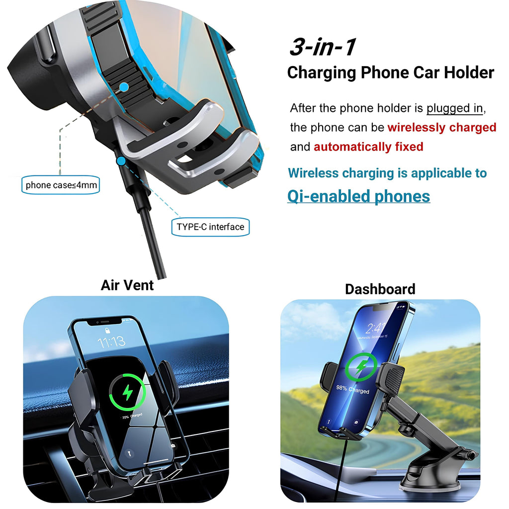 Wireless Car Charger, 15W Fast Charging Auto Clamping Car Charger Phone Mount Air Vent Phone Holder, Fit for Phone Support Wireless Charging (Width 60-90Mm) Iphone, Samsung Galaxy/Ultra, Google/Lg