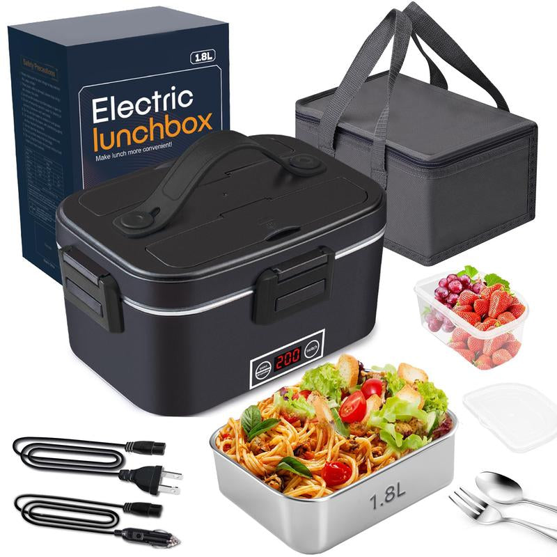 Multi-Voltage Electric Lunch Box - 1.8L 304 Stainless Steel, Leakproof, Portable Food Warmer for Car, Office, and Home with Fork, Spoon, and Storage Bag