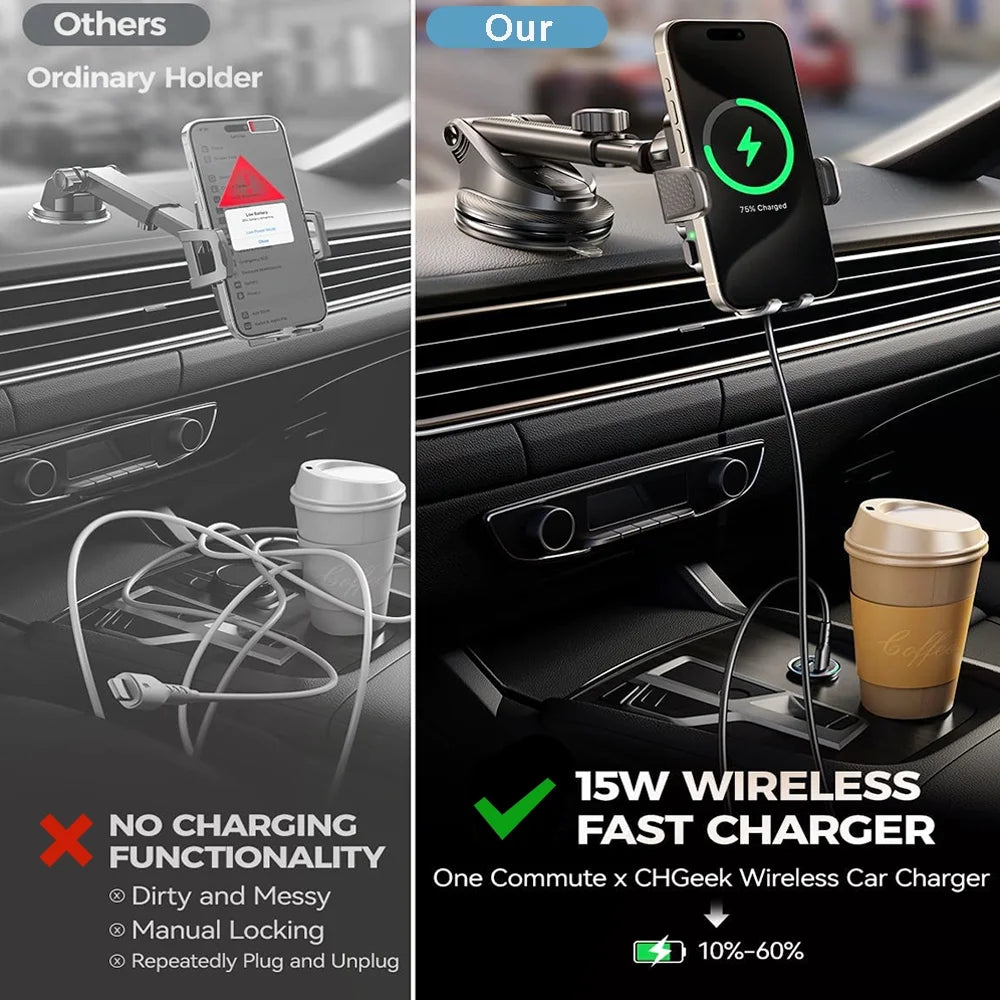 Wireless Car Charger, 15W Fast Charging Auto Clamping Car Charger Phone Mount Air Vent Phone Holder, Fit for Phone Support Wireless Charging (Width 60-90Mm) Iphone, Samsung Galaxy/Ultra, Google/Lg