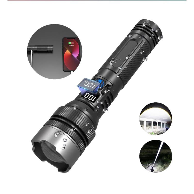 2-In-1 Strong Flashlight (Power Bank)，Digital Display of Power, Rechargeable，Zoomable, , X4Waterproof, Adjustable Brightness Flash Light for Outdoor, Emergency, Camping Accessories，Black Tiktokshopholidayhaul