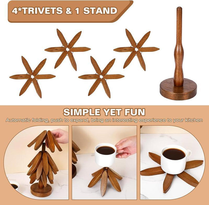 Natural Tree Trivet Set - 4 Wooden Trivets & 1 Stand - Heat-Resistant Foldable Design - Durable & High-Quality Solid Wood - Ideal for Hot Dishes, Pots, Bowls, Teapots - Kitchenware & Tableware Coasters