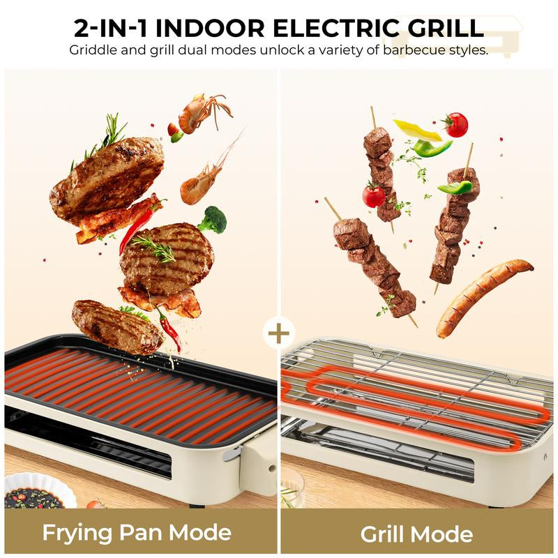 Pukomc Electric Indoor Grill,2 in 1 Indoor Grills for Kitchen with Grill Net & Non-Stick Cooking Removable Plate, Temperature Control, Dishwasher Safe, 1500W Smokeless Barbecue Universal Griddle