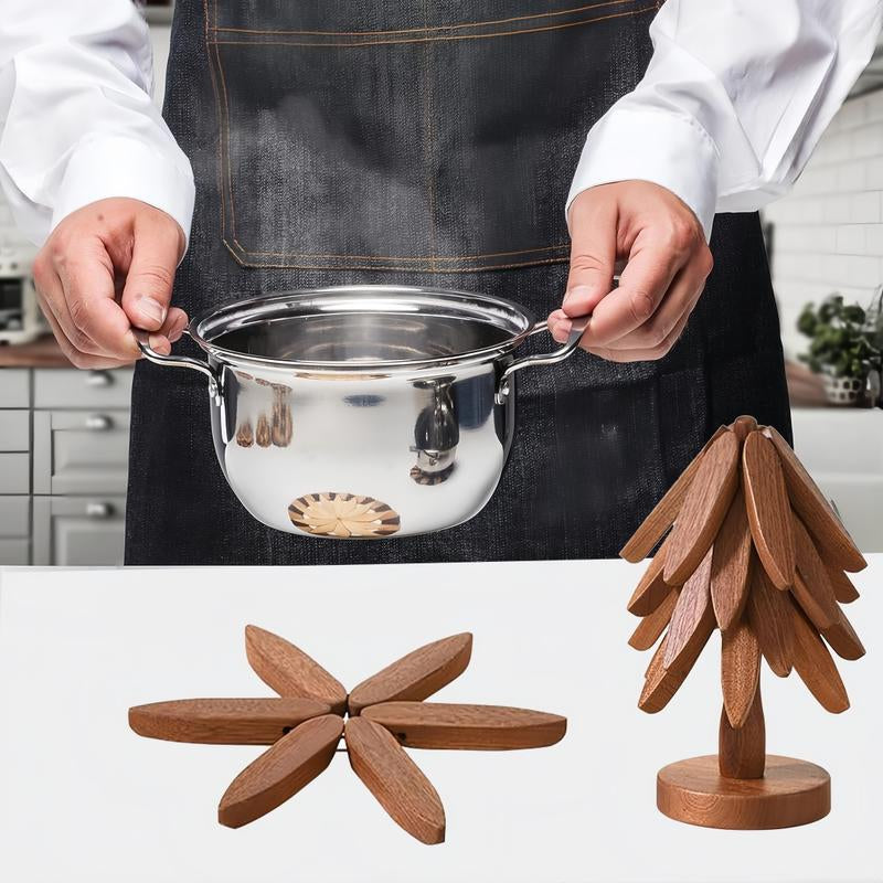 Natural Tree Trivet Set - 4 Wooden Trivets & 1 Stand - Heat-Resistant Foldable Design - Durable & High-Quality Solid Wood - Ideal for Hot Dishes, Pots, Bowls, Teapots - Kitchenware & Tableware Coasters