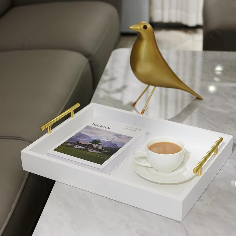 16" x 12" White Decorative Serving Trays with Handles for Living Room, Bathroom, and Outdoor Use
