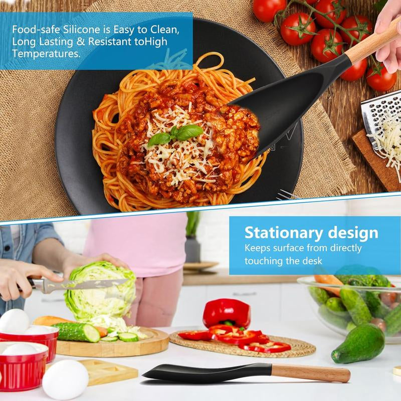 2 Pcs Silicone Cooking Spoon for Nonstick Cookware – Heat-Resistant Kitchen Spatula with Wooden Handle for Baking and Stirring