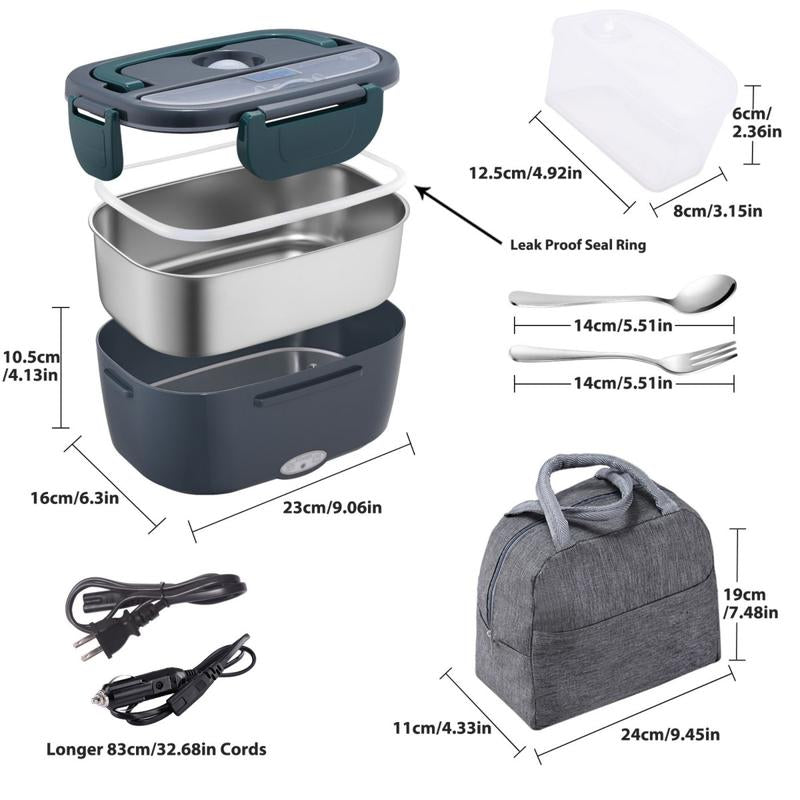Multi-Voltage Electric Lunch Box - 1.8L 304 Stainless Steel, Leakproof, Portable Food Warmer for Car, Office, and Home with Fork, Spoon, and Storage Bag