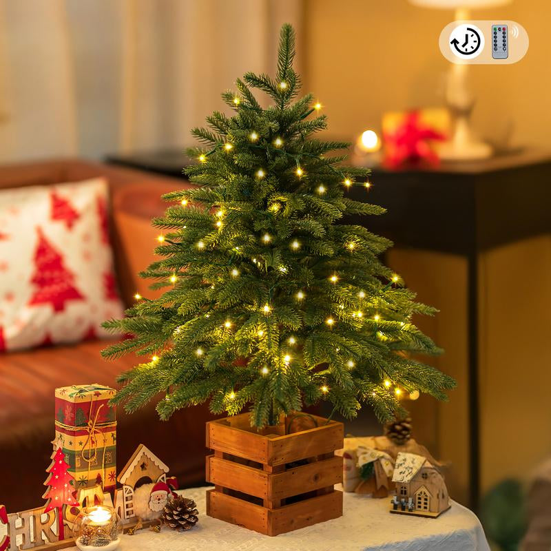 Norfolk Pine Christmas Tree: 2.6Ft Mini Tabletop Tree with Remote-Controlled Lights, 70 LEDs, Timer, 8 Lighting Modes, and Wooden Pot - Ideal for Home Decor