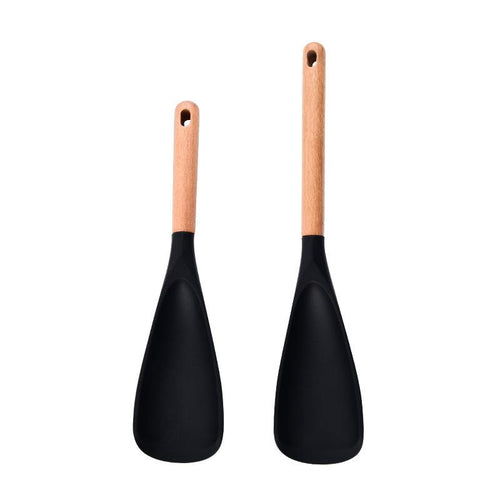 2 Pcs Silicone Cooking Spoon for Nonstick Cookware – Heat-Resistant Kitchen Spatula with Wooden Handle for Baking and Stirring