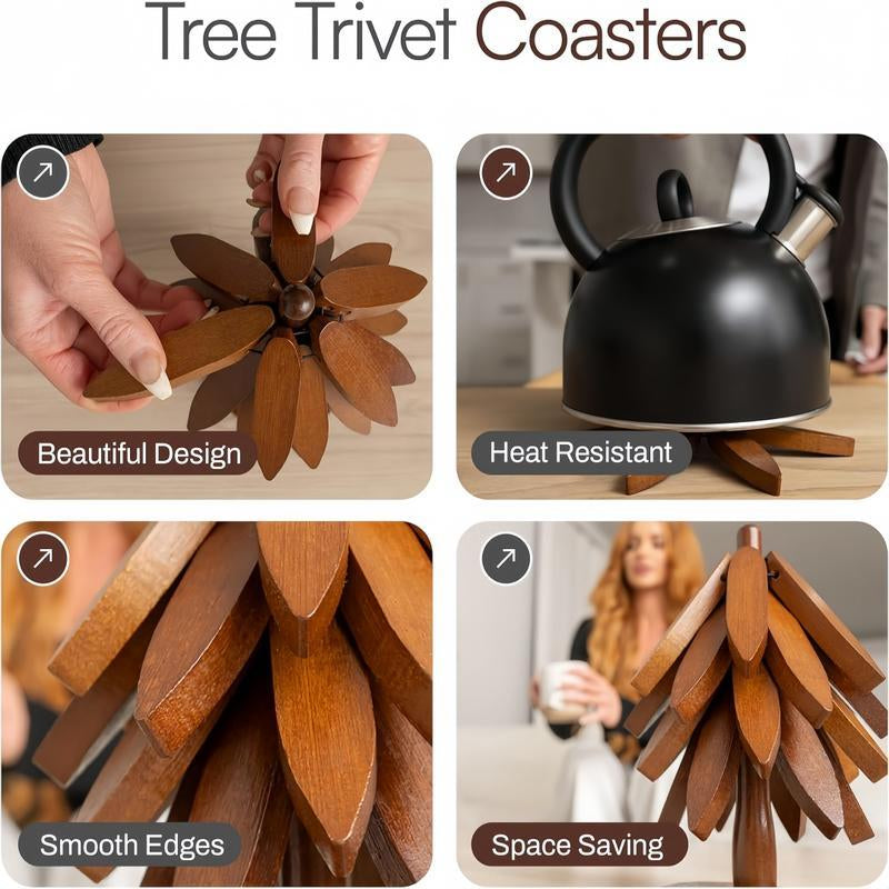 Natural Tree Trivet Set - 4 Wooden Trivets & 1 Stand - Heat-Resistant Foldable Design - Durable & High-Quality Solid Wood - Ideal for Hot Dishes, Pots, Bowls, Teapots - Kitchenware & Tableware Coasters