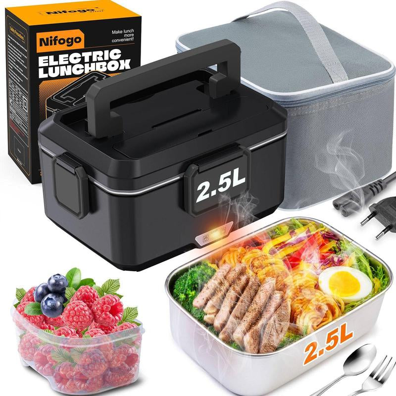 Multi-Voltage Electric Lunch Box - 1.8L 304 Stainless Steel, Leakproof, Portable Food Warmer for Car, Office, and Home with Fork, Spoon, and Storage Bag