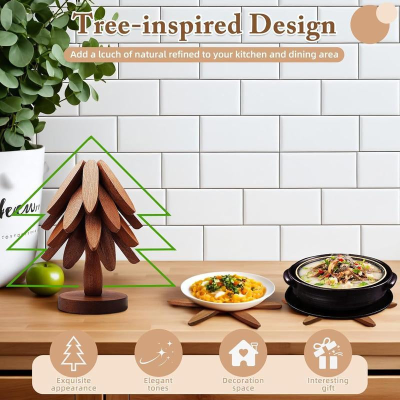 Natural Tree Trivet Set - 4 Wooden Trivets & 1 Stand - Heat-Resistant Foldable Design - Durable & High-Quality Solid Wood - Ideal for Hot Dishes, Pots, Bowls, Teapots - Kitchenware & Tableware Coasters