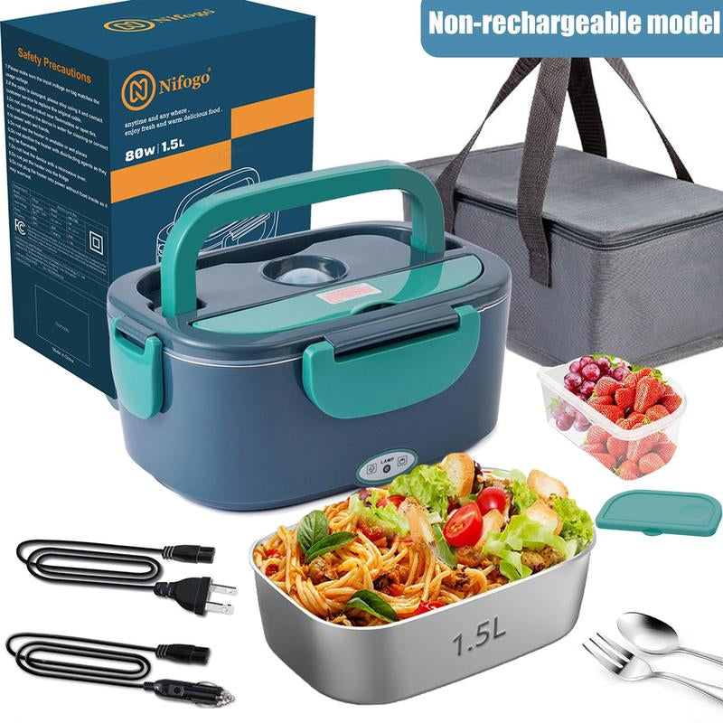 Multi-Voltage Electric Lunch Box - 1.8L 304 Stainless Steel, Leakproof, Portable Food Warmer for Car, Office, and Home with Fork, Spoon, and Storage Bag