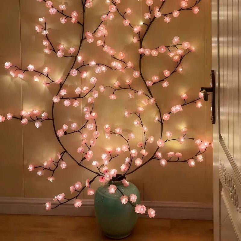 Cherry Blossom Lights Pink Cherry Blossom Tree Branches Flower LED Lights for Walls 1.8M 96 Flowers Enchanted Willow Vine Lights Christmas Fireplace Mantle Indoor Decor Usb-Powered with Remote