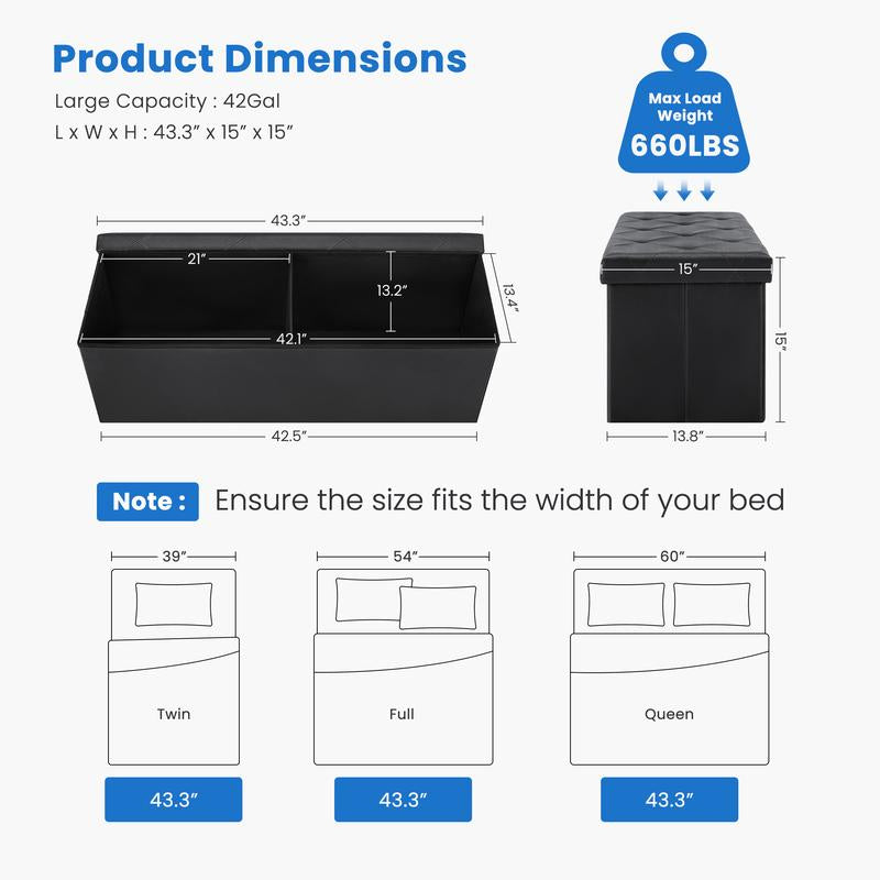 Folding Storage Ottoman Bench, Foot Rest Stool with Padded Seat, Large Toy Box Storage Chest with Seatin, Holds up to 660 Lb-Grey