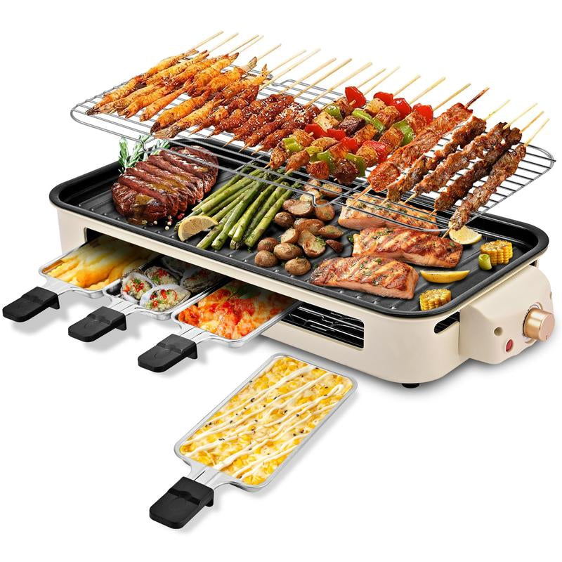 Pukomc Electric Indoor Grill,2 in 1 Indoor Grills for Kitchen with Grill Net & Non-Stick Cooking Removable Plate, Temperature Control, Dishwasher Safe, 1500W Smokeless Barbecue Universal Griddle