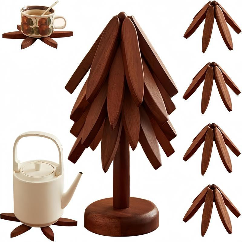 Natural Tree Trivet Set - 4 Wooden Trivets & 1 Stand - Heat-Resistant Foldable Design - Durable & High-Quality Solid Wood - Ideal for Hot Dishes, Pots, Bowls, Teapots - Kitchenware & Tableware Coasters