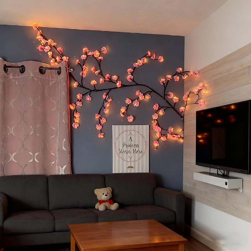 Cherry Blossom Lights Pink Cherry Blossom Tree Branches Flower LED Lights for Walls 1.8M 96 Flowers Enchanted Willow Vine Lights Christmas Fireplace Mantle Indoor Decor Usb-Powered with Remote