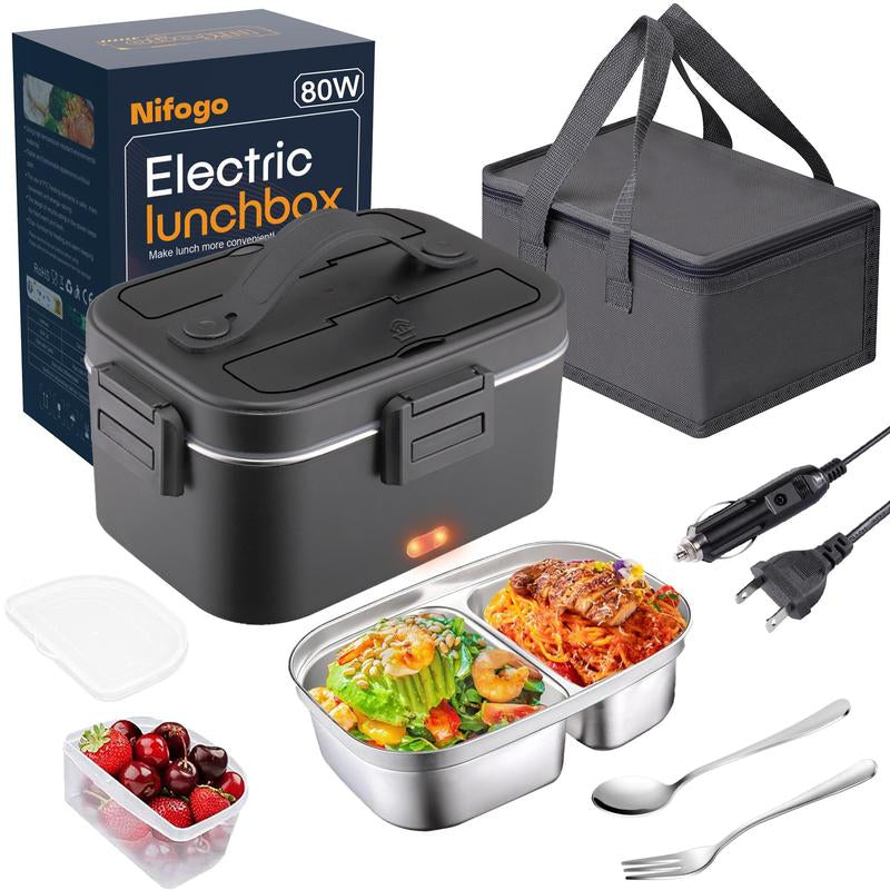 Multi-Voltage Electric Lunch Box - 1.8L 304 Stainless Steel, Leakproof, Portable Food Warmer for Car, Office, and Home with Fork, Spoon, and Storage Bag