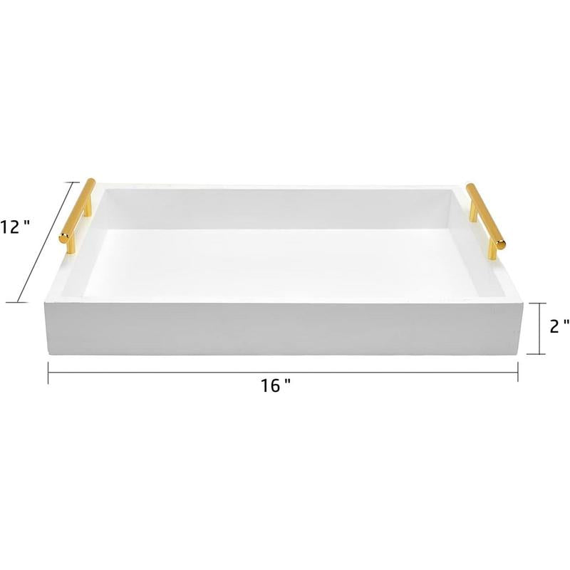 16" x 12" White Decorative Serving Trays with Handles for Living Room, Bathroom, and Outdoor Use