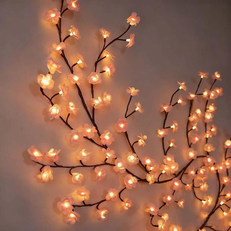 Cherry Blossom Lights Pink Cherry Blossom Tree Branches Flower LED Lights for Walls 1.8M 96 Flowers Enchanted Willow Vine Lights Christmas Fireplace Mantle Indoor Decor Usb-Powered with Remote