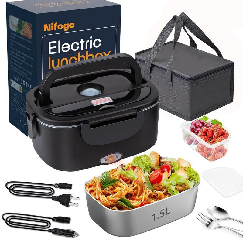 Multi-Voltage Electric Lunch Box - 1.8L 304 Stainless Steel, Leakproof, Portable Food Warmer for Car, Office, and Home with Fork, Spoon, and Storage Bag