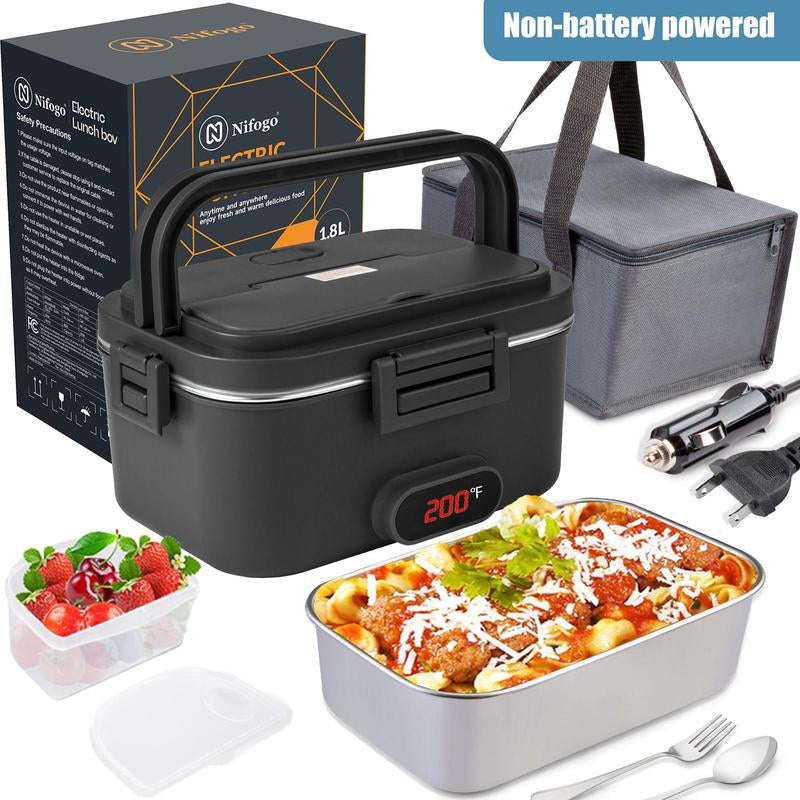 Multi-Voltage Electric Lunch Box - 1.8L 304 Stainless Steel, Leakproof, Portable Food Warmer for Car, Office, and Home with Fork, Spoon, and Storage Bag