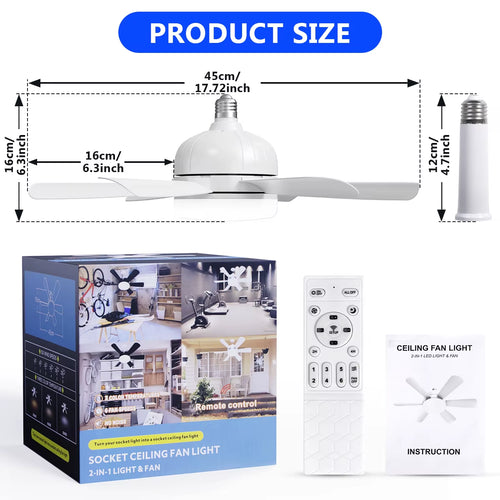 2-IN-1 Socket Fan Lights with Remote, Timing Funtion, 3 Color Temperature&6 Speeds, E26/E27 Bulb Ceiling Fans Lamps for Room