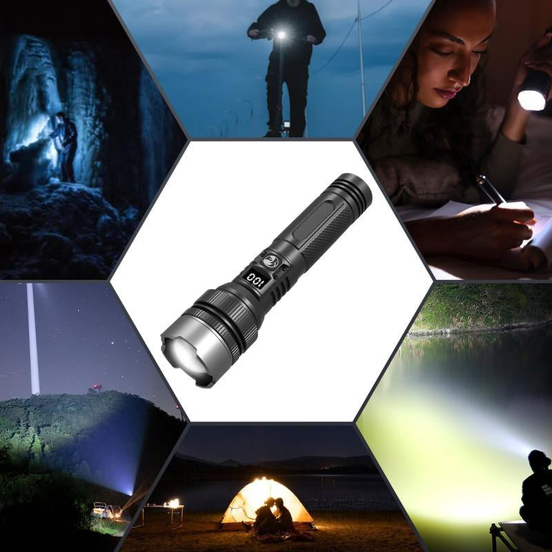 2-In-1 Strong Flashlight (Power Bank)，Digital Display of Power, Rechargeable，Zoomable, , X4Waterproof, Adjustable Brightness Flash Light for Outdoor, Emergency, Camping Accessories，Black Tiktokshopholidayhaul