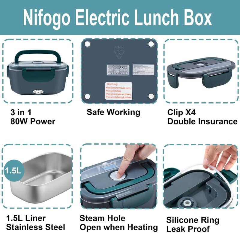 Multi-Voltage Electric Lunch Box - 1.8L 304 Stainless Steel, Leakproof, Portable Food Warmer for Car, Office, and Home with Fork, Spoon, and Storage Bag