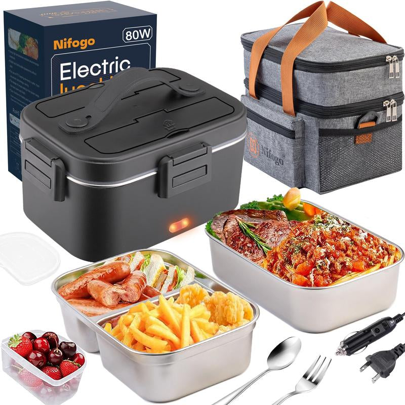 Multi-Voltage Electric Lunch Box - 1.8L 304 Stainless Steel, Leakproof, Portable Food Warmer for Car, Office, and Home with Fork, Spoon, and Storage Bag
